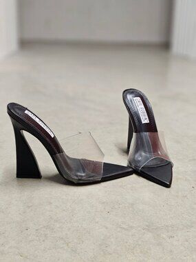 Clear & Black Pointed Toe Mules With Flared Heels